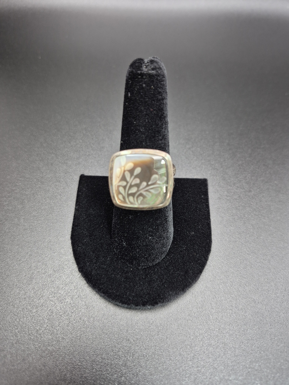 Silver Abalone Inlay Floral Statement Ring - Iridescent Green